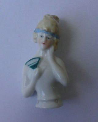 Vintage Old Antique German Porcelain Germany Half Doll Flapper Girl Fan 3.  25 "