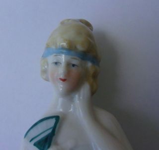 Vintage Old Antique German Porcelain Germany Half Doll Flapper Girl Fan 3.  25 