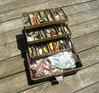 Estate Find Vintage Fishing My Buddy Tackle Box Full Old Lures Frogs Spoons