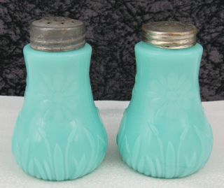 Antique Eapg Victorian Blue Green Opaque Custard Glass Salt & Pepper Shakers