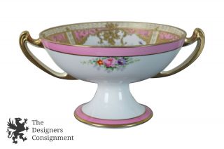 Antique Noritake Japan Porcleain Footed Compote Pink & Purple Roses Art Deco