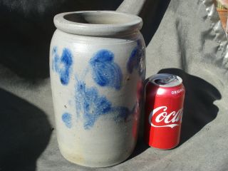 Antique 9 " Blue Decorated Salt Glaze Incised Stoneware Crock