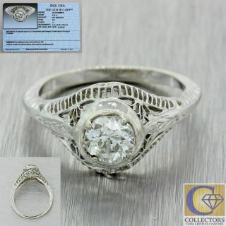 1930s Antique Art Deco 18k White Gold.  53ctw Diamond Engagement Ring Egl $2300