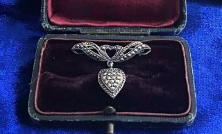 Antique Edwardian Solid Silver & Marcasites Sweetheart Brooch