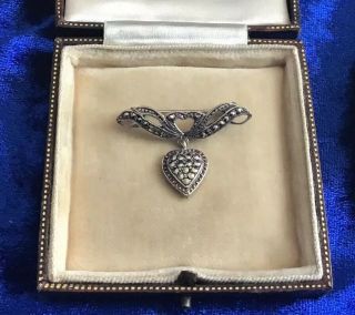 ANTIQUE EDWARDIAN SOLID SILVER & MARCASITES SWEETHEART BROOCH 2