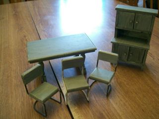 Vintage Wooden Doll House Furniture - - Table - - Hutch - - Three Chairs