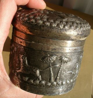 Antique Silver Anglo Indian Animal Lidded Pot Hunting Repoussé Tiger