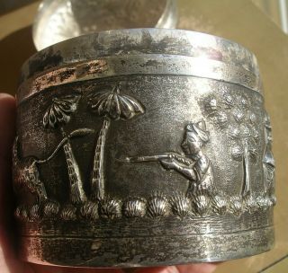 ANTIQUE SILVER ANGLO INDIAN ANIMAL LIDDED POT hunting repoussé tiger 7
