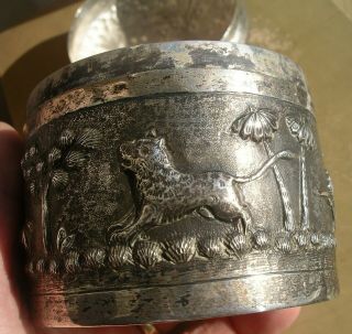 ANTIQUE SILVER ANGLO INDIAN ANIMAL LIDDED POT hunting repoussé tiger 8