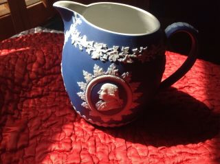 Rare Antique Wedgwood Blue Jasperware 30 George Washington & Franklin Pitcher