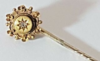 Antique Stick Pin - Diamond Set 18ct Gold Flower 6.  5cm