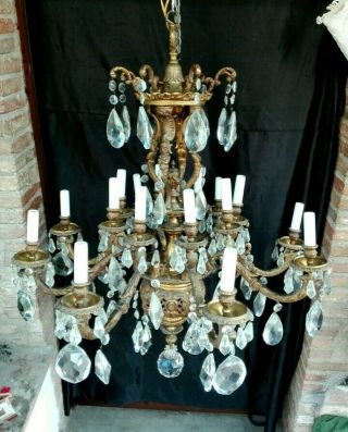Antique Gilt Bronze LARGE Chandelier French Empire 16 Lights Crystal Prisms 4