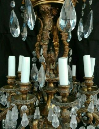 Antique Gilt Bronze LARGE Chandelier French Empire 16 Lights Crystal Prisms 6