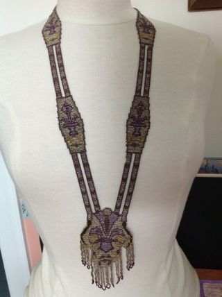 Antique Micro Bead Vintage Art Deco Victorian Flapper Necklace Purple Gold