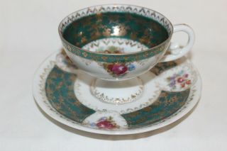 R.  S.  Prussia Beehive W/ Dot Mark Teacup And Saucer Green & Gold Women & Child