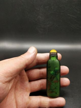 Antique Green Colored Glass Hand - Painted Inside Birds Flower Snuff Bottle