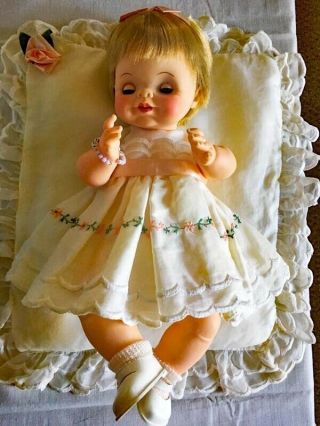 Vintage Effanbee “peaches” 13 " Doll In Dress & Blanket Drink Wet