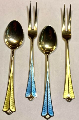 Antique Vintage David Andersen Sterling Silver Enamel Spoon Fork Set