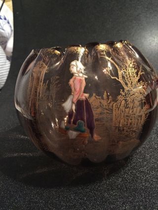 Antique Moser Theodore Rossler Enameled Brown Glass Rose Bowl
