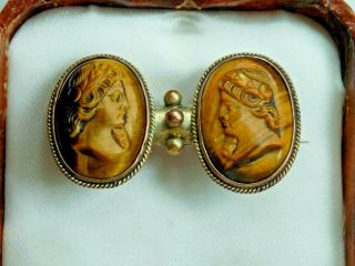 ANTIQUE VICTORIAN CAMEO TIGER ' S EYE CARVED DOUBLE CAMEO BROOCH 2
