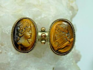 ANTIQUE VICTORIAN CAMEO TIGER ' S EYE CARVED DOUBLE CAMEO BROOCH 3