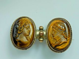 ANTIQUE VICTORIAN CAMEO TIGER ' S EYE CARVED DOUBLE CAMEO BROOCH 5