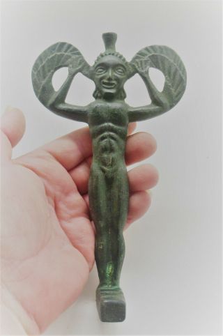 Extremely Rare Ancient Roman Bronze Key In The Form Of A Winged Male