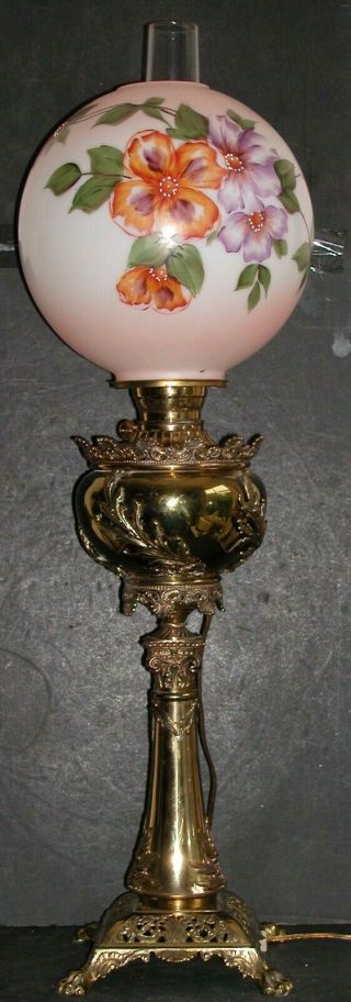 Antique 19c B&h 2332 Brass Banquet Parlor Oil Lamp 3ft Painted Floral 11 " Globe