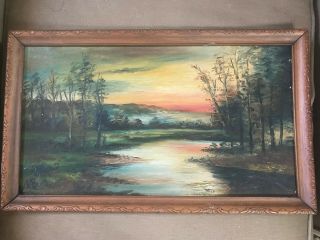 Antique " River And Landscape Scene " Oil On Board Painting - Signed And Framed