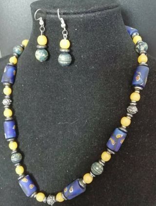 Antique Resin And Glass Beaded Necklace And Earrings Set
