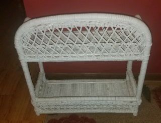 SHABBY CHIPPY CHIC COTTAGE Vintage White Wicker/Wood 2 Tier Wall Hung Shelf 3