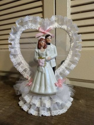 Vintage Wedding Cake Bride Groom Cake Topper Lace Heart Ceramic Figures In Case