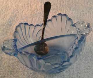 Antique Light Blue Glass Cambridge Handled Divided Open Salt Sterling Spoon Exc