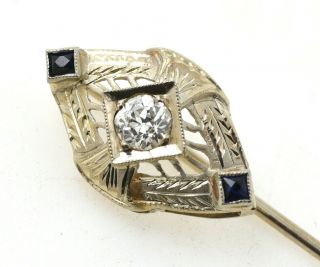 18k White Gold Deco Stick Pin W/.  20 Ct Diamond & Sapphires Antique