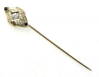 18K White Gold Deco Stick Pin W/.  20 Ct Diamond & Sapphires ANTIQUE 2