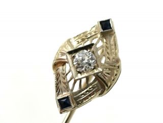 18K White Gold Deco Stick Pin W/.  20 Ct Diamond & Sapphires ANTIQUE 4