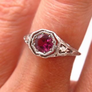 Antique Art Deco 925 Sterling Silver Pink Amethyst Gemstone Ornate Filigree Ring