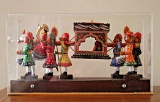 Asian Wooden Hand Carved Figures - Wedding Procession In Display Box - 11 " L