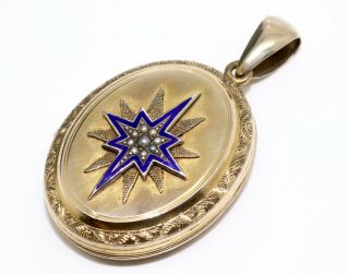 A Fine Antique Victorian 9ct Rose Gold Enamelled Starburst Pearl Locket Pendant