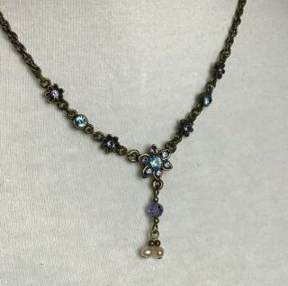 1928 Co.  Necklace Blue Crystal Antique Look Flower Setting 16 Inch Choker