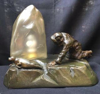Rare Seal Hunter Bronze Sculpture Desk Lamp - Vaseline Glass Shade - German - 1910