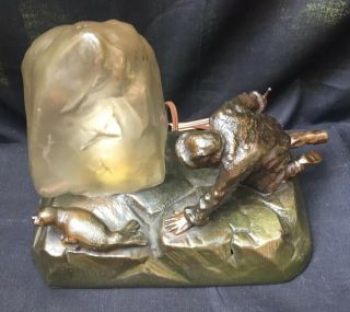 Rare Seal Hunter Bronze sculpture Desk Lamp - Vaseline Glass Shade - German - 1910 5