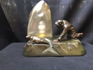 Rare Seal Hunter Bronze sculpture Desk Lamp - Vaseline Glass Shade - German - 1910 6