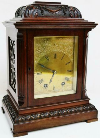 Antique French 8 Day Carved Mahogany Bracket Clock Engraved Dial Mantel Clock