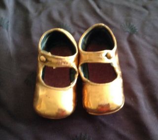 Antique Bronzed/copper Baby Shoes,  Mary Jane Type,  Mirror Finish 5 " Long,
