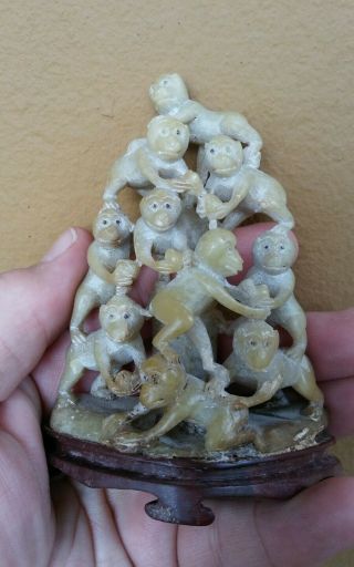 Antique Chinese Jade Carving Statue Figure Monkeys Sculpture Qing Dynasty Rare