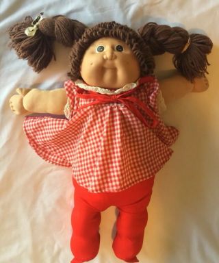 Vtg 1980’s Cabbage Patch Kids Girl Doll Brown Braided Hair Brown Eyes Red Dress