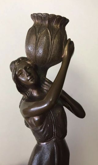 Antique 19c Art Nouveau Bronze Candleholder Statue Girl With Basket Signed " M "