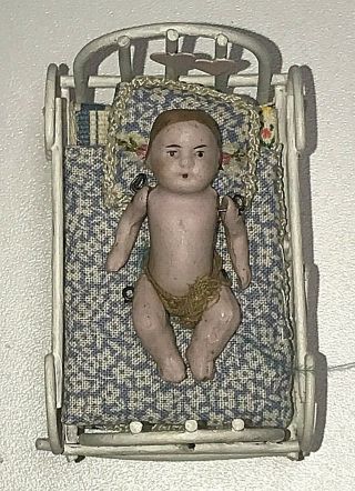 Antique Carl Horn Germany Bisque 1 3/4 " Miniature Dollhouse Baby Doll & Cradle