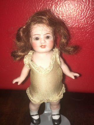 Antique 4.  5 Inch All Bisque German Doll Mohair Dollhouse Miniature So Sweet